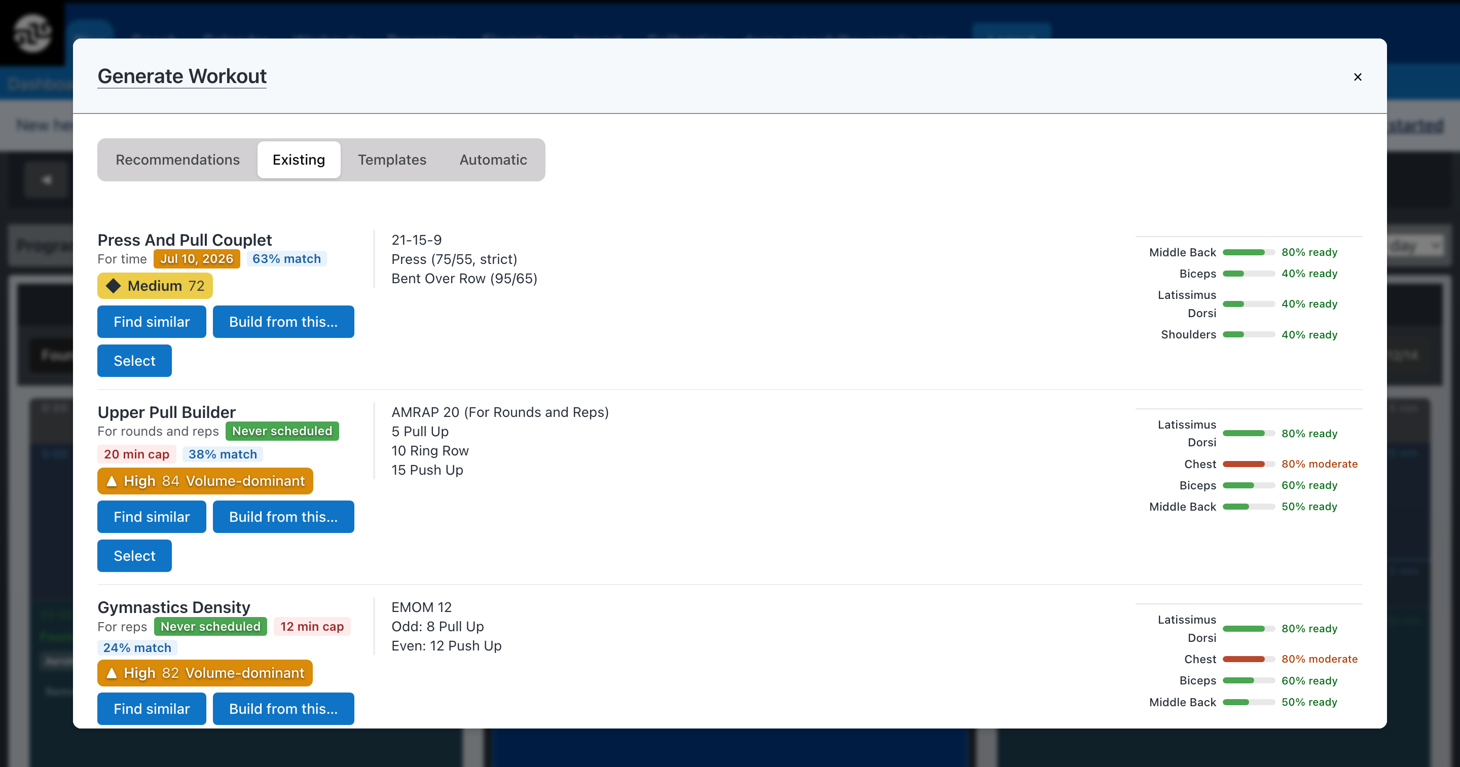 Schedule picker ranking library workouts by fit for the day, with percentage fit scores, reason chips, and muscle readiness bars