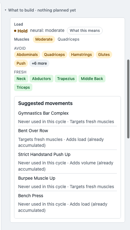 An open day's What to build panel: the load verdict, the muscles to avoid and the ones that are fresh, and suggested movements with the reason for each