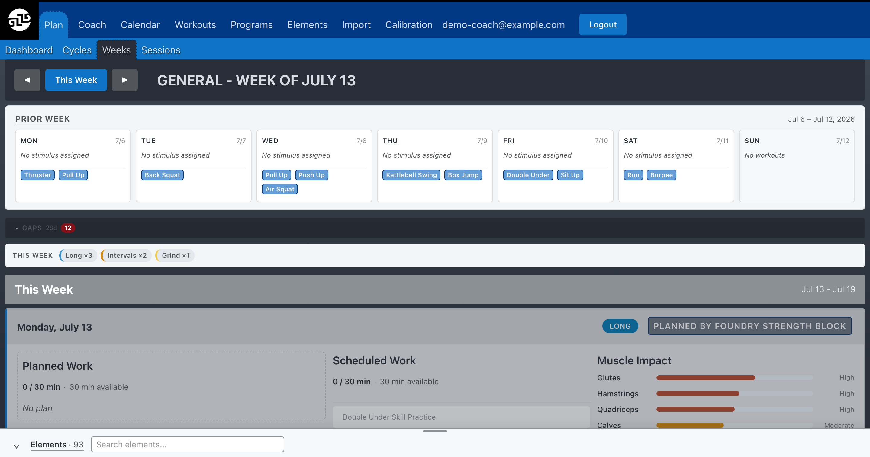 Weekly planner showing last week's movements above this week's plan with stimulus targets and muscle impact bars