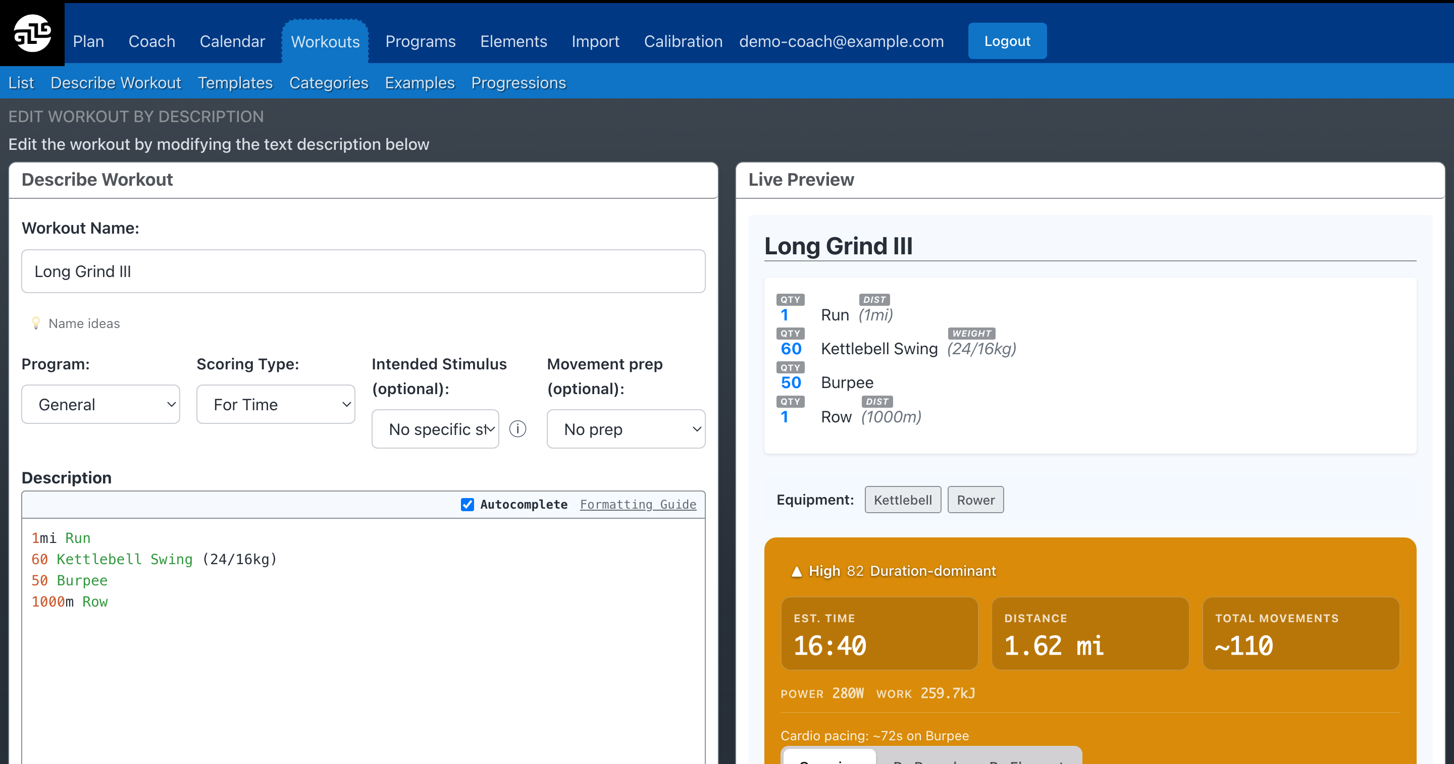 Workout builder with syntax-highlighted description text on the left and a live preview parsing movements, equipment, and an intensity forecast on the right
