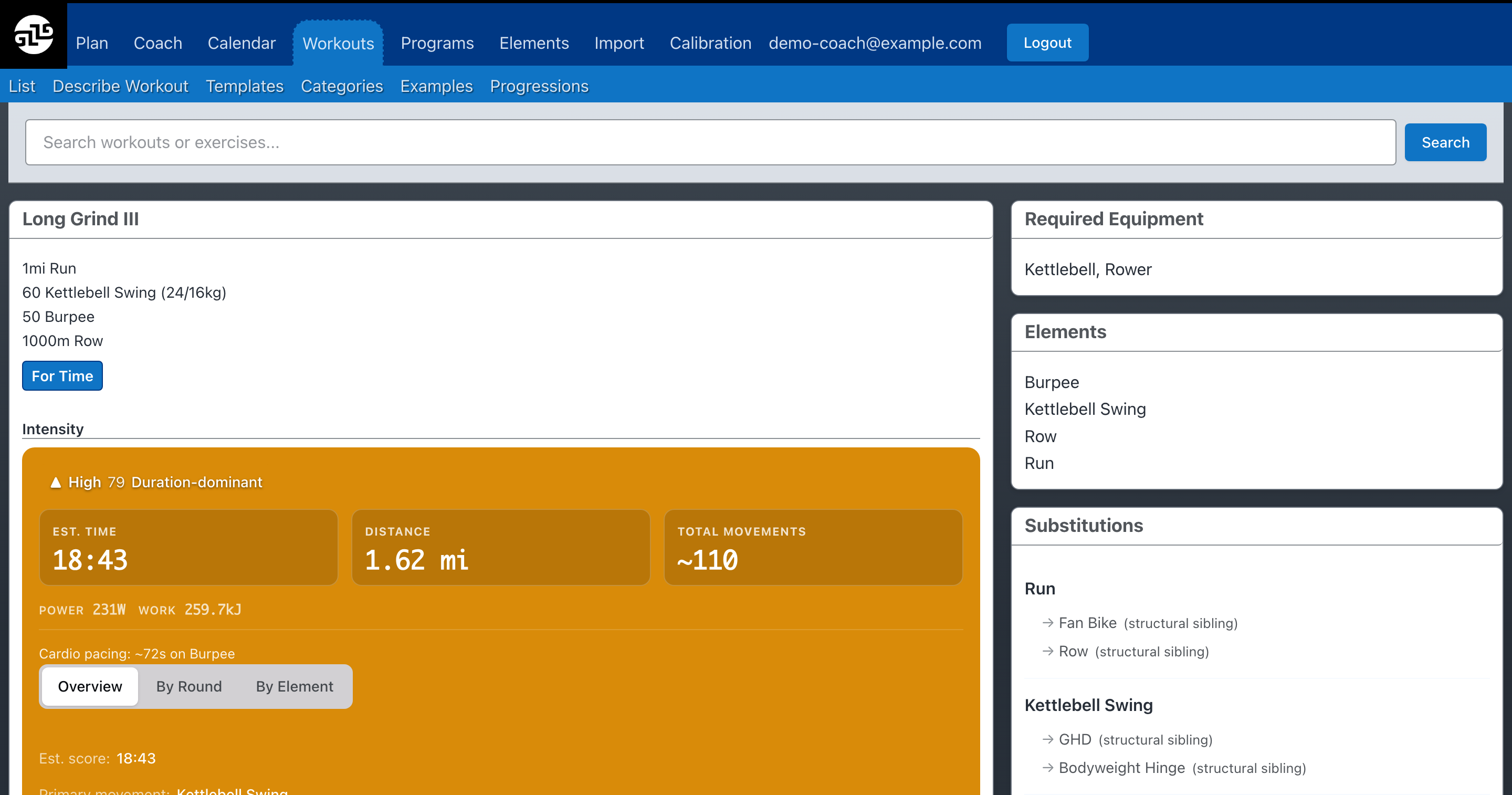 Workout show page with an intensity forecast, estimated time, distance, and movement substitutions